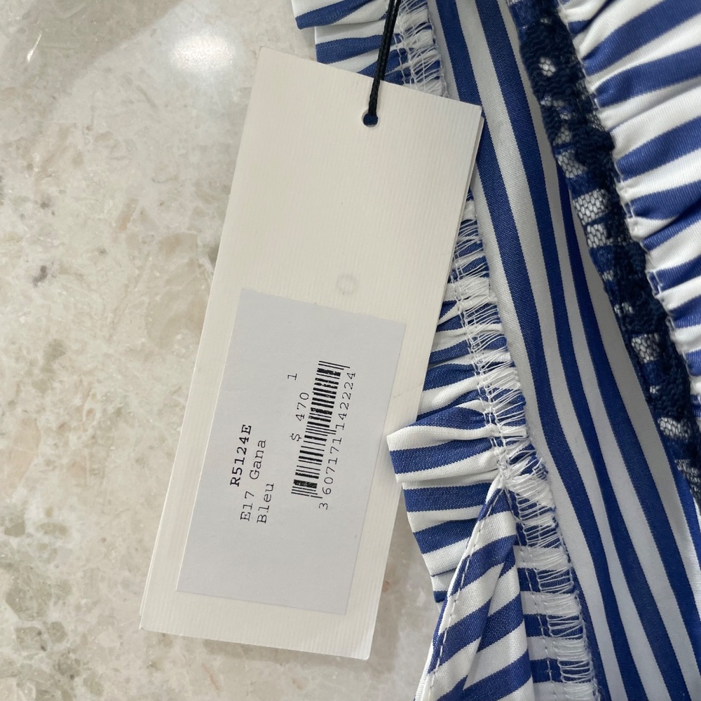 NWT SANDRO Dress Blue White Striped Cotton Lace Back "Gana" - Picture 10 of 13